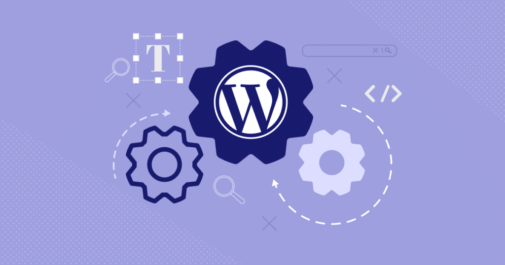 WordPress logo surrounded by gears and design-related icons on a purple background, symbolizing web development and customization