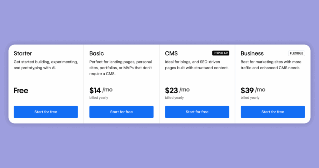 Webflow pricing plans