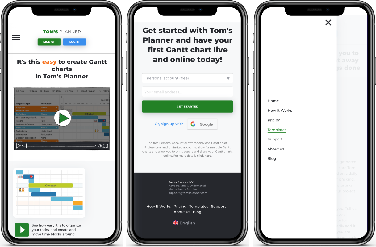 Toms Planner website development iPhone view