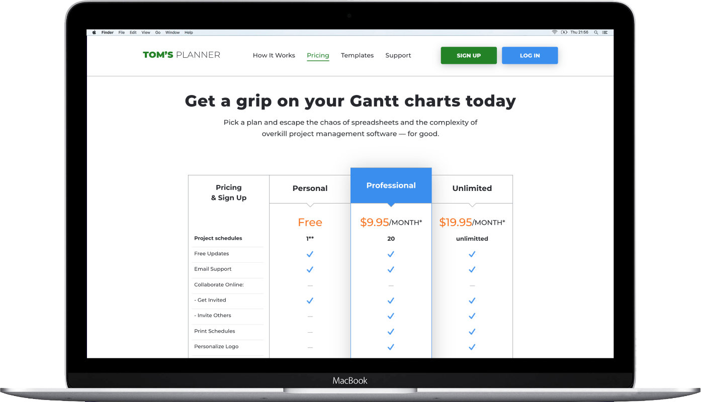 Toms Planner website development Laptop view