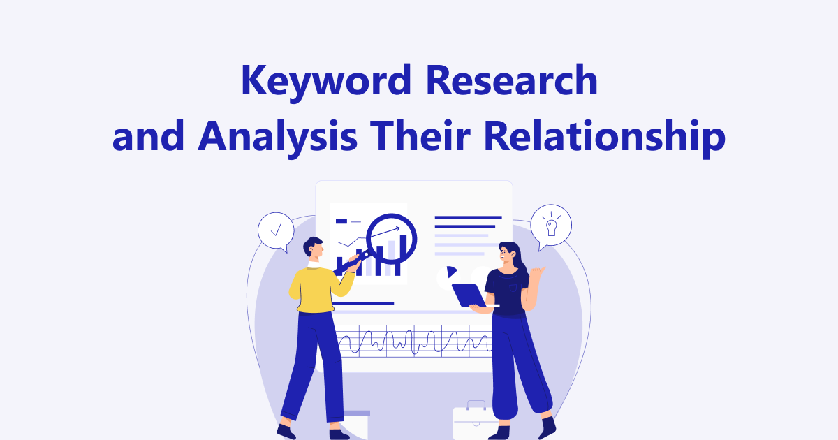 Two people analyzing keyword research and data