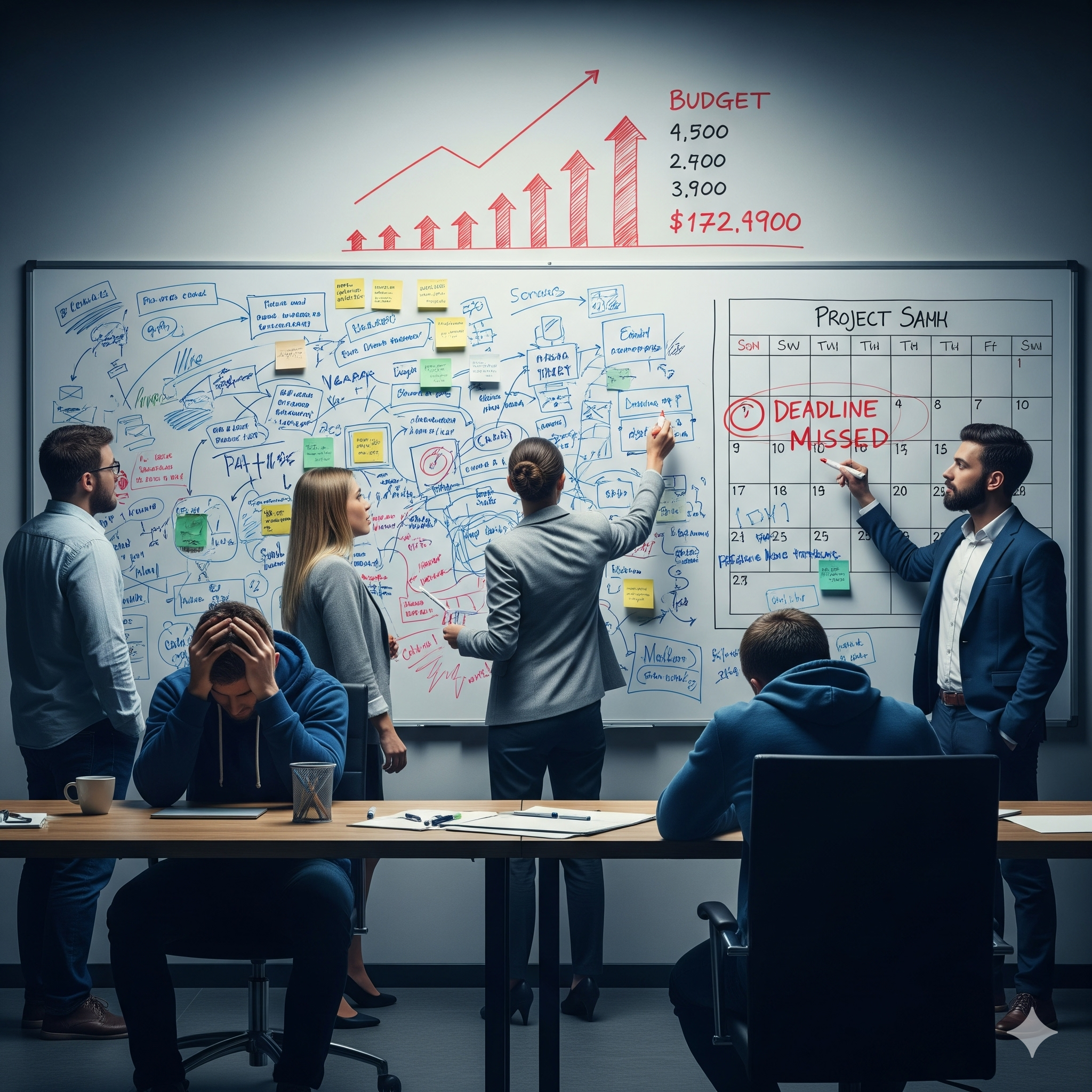 software project team in a modern office, looking frustrated as they face a giant messy whiteboard full of chaotic notes, crossed-out tasks, and arrows going everywhere.